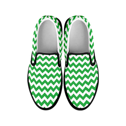 Green And White Chevron Pattern Print Black Slip On Shoes