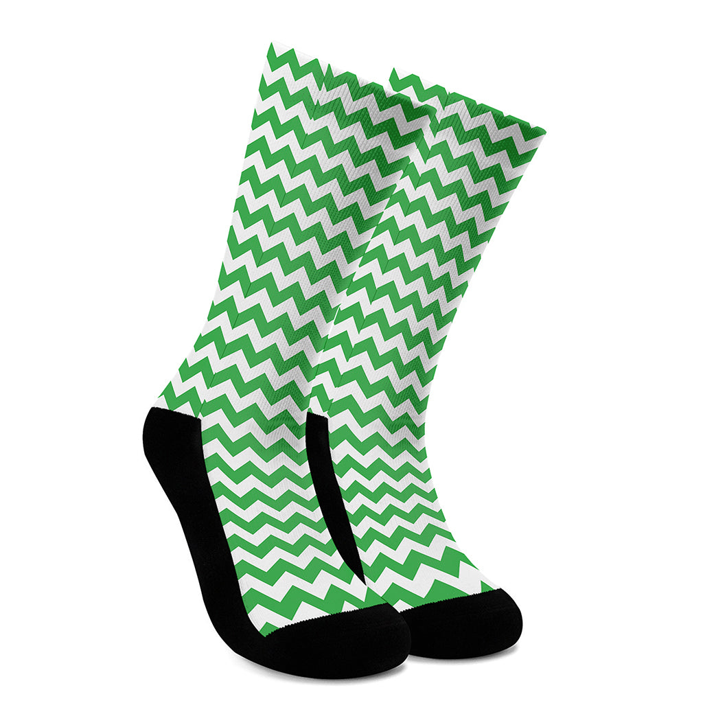 Green And White Chevron Pattern Print Crew Socks