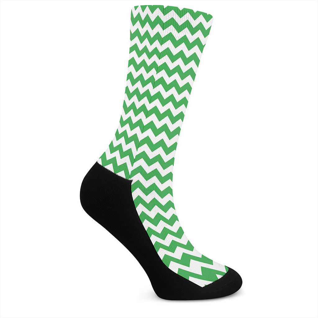 Green And White Chevron Pattern Print Crew Socks