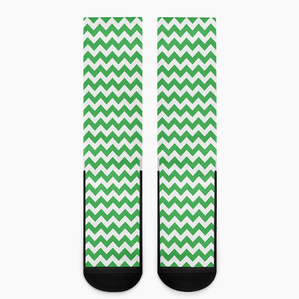 Green And White Chevron Pattern Print Crew Socks