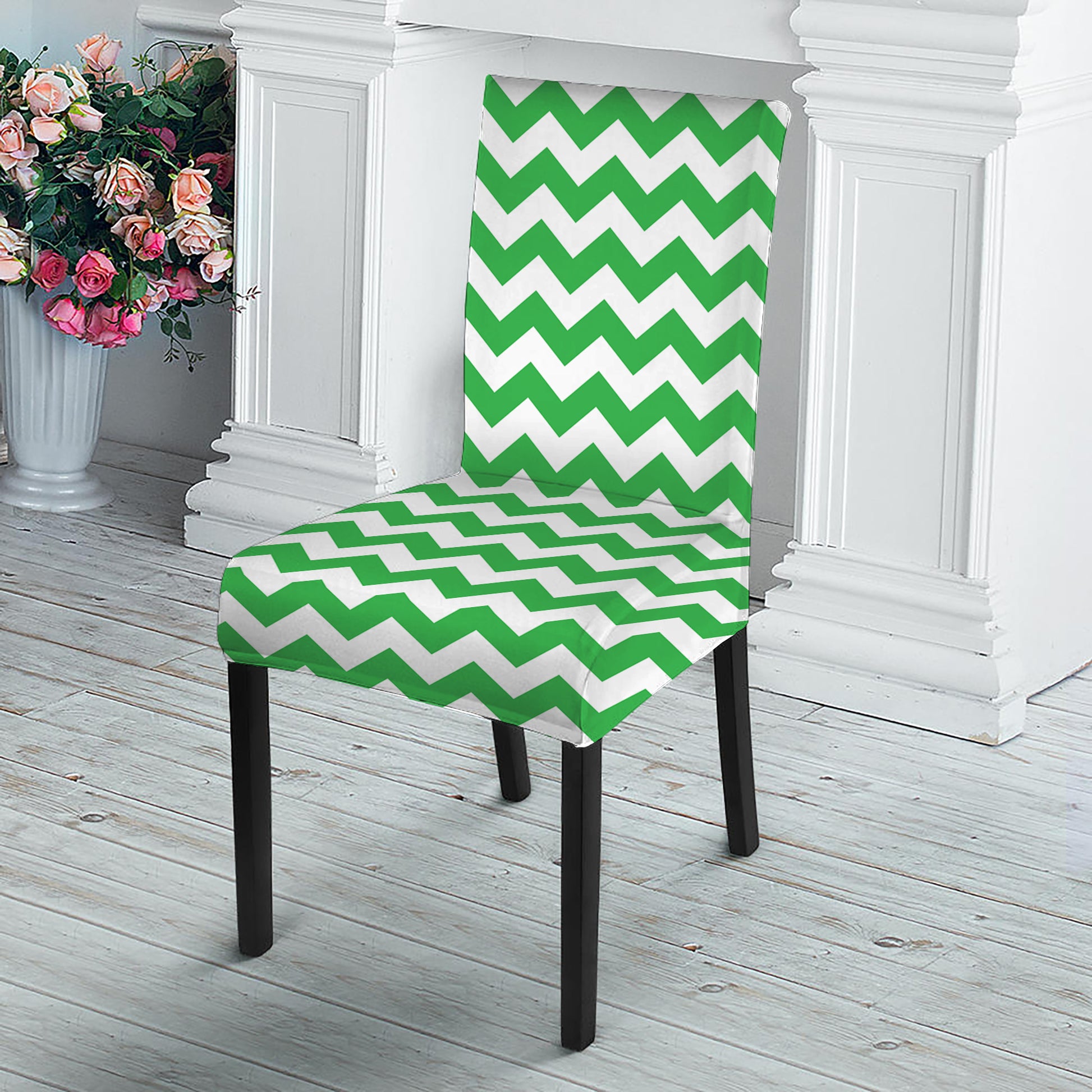 Green And White Chevron Pattern Print Dining Chair Slipcover