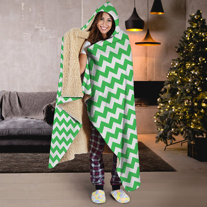 Green And White Chevron Pattern Print Hooded Blanket