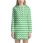 Green And White Chevron Pattern Print Hoodie Dress