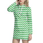 Green And White Chevron Pattern Print Hoodie Dress
