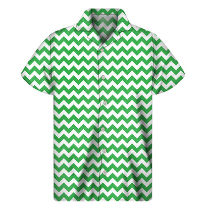 Green And White Chevron Pattern Print Men's Short Sleeve Shirt