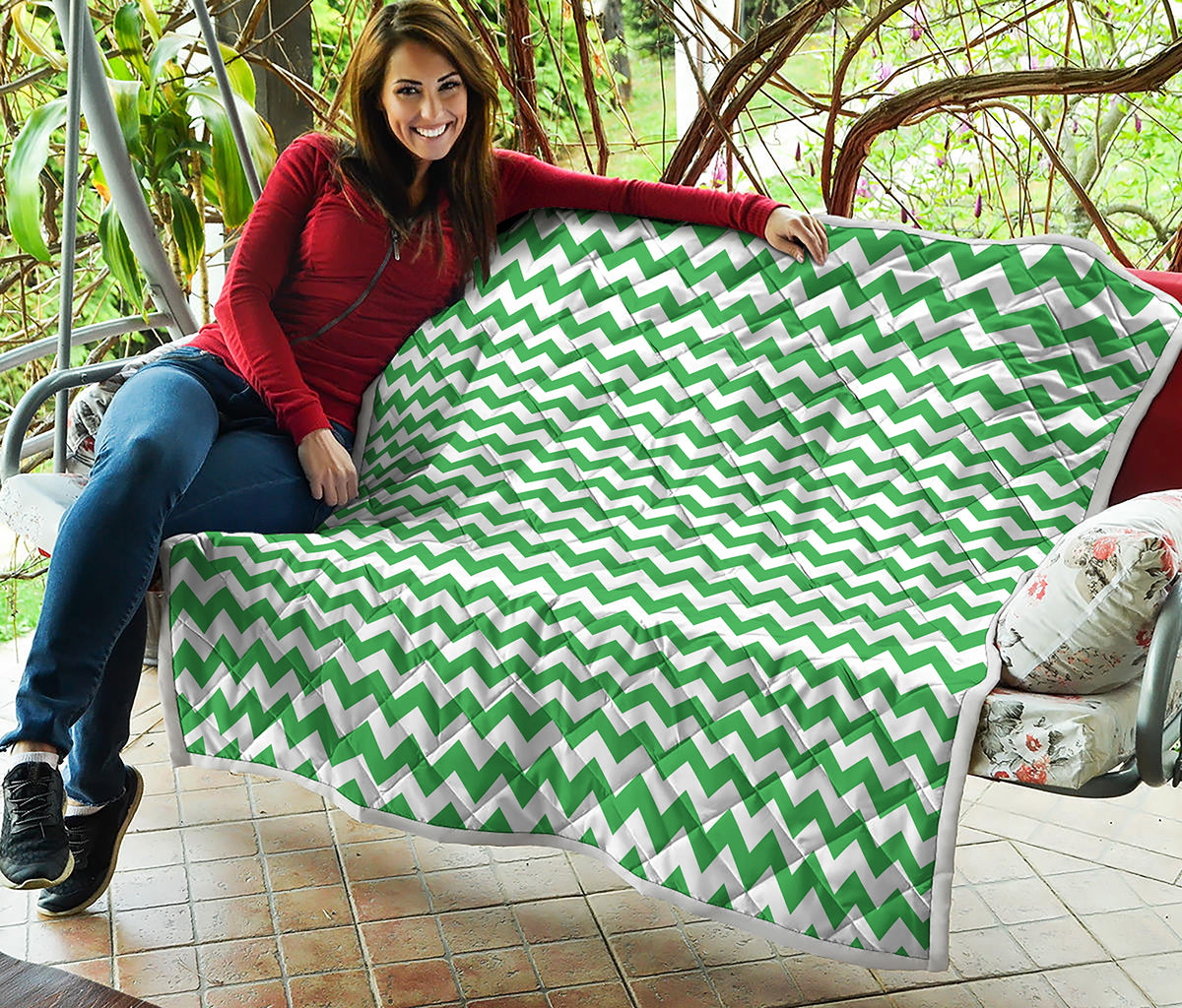 Green And White Chevron Pattern Print Quilt