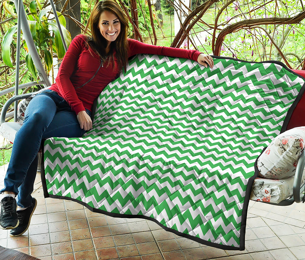 Green And White Chevron Pattern Print Quilt