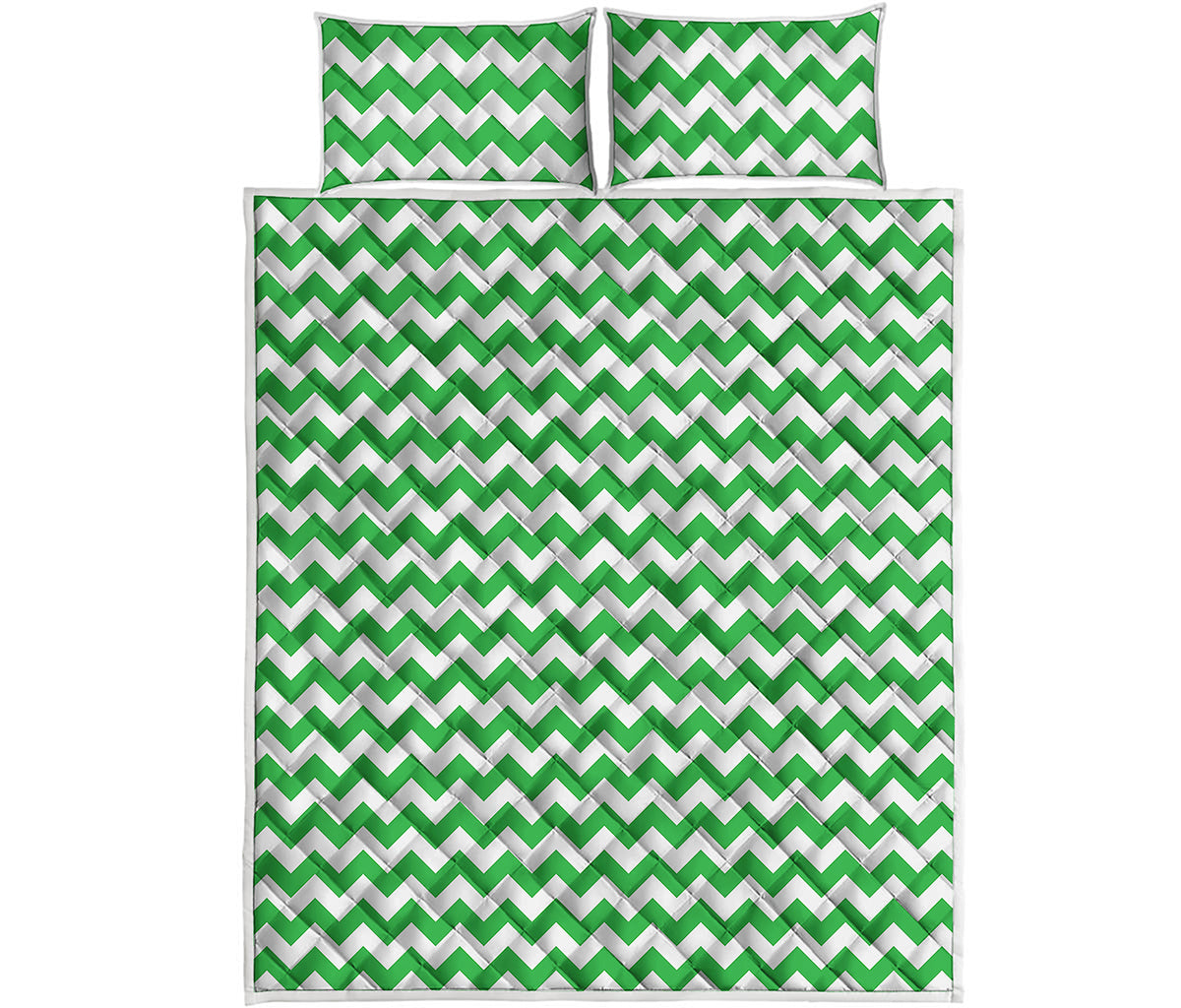 Green And White Chevron Pattern Print Quilt Bed Set
