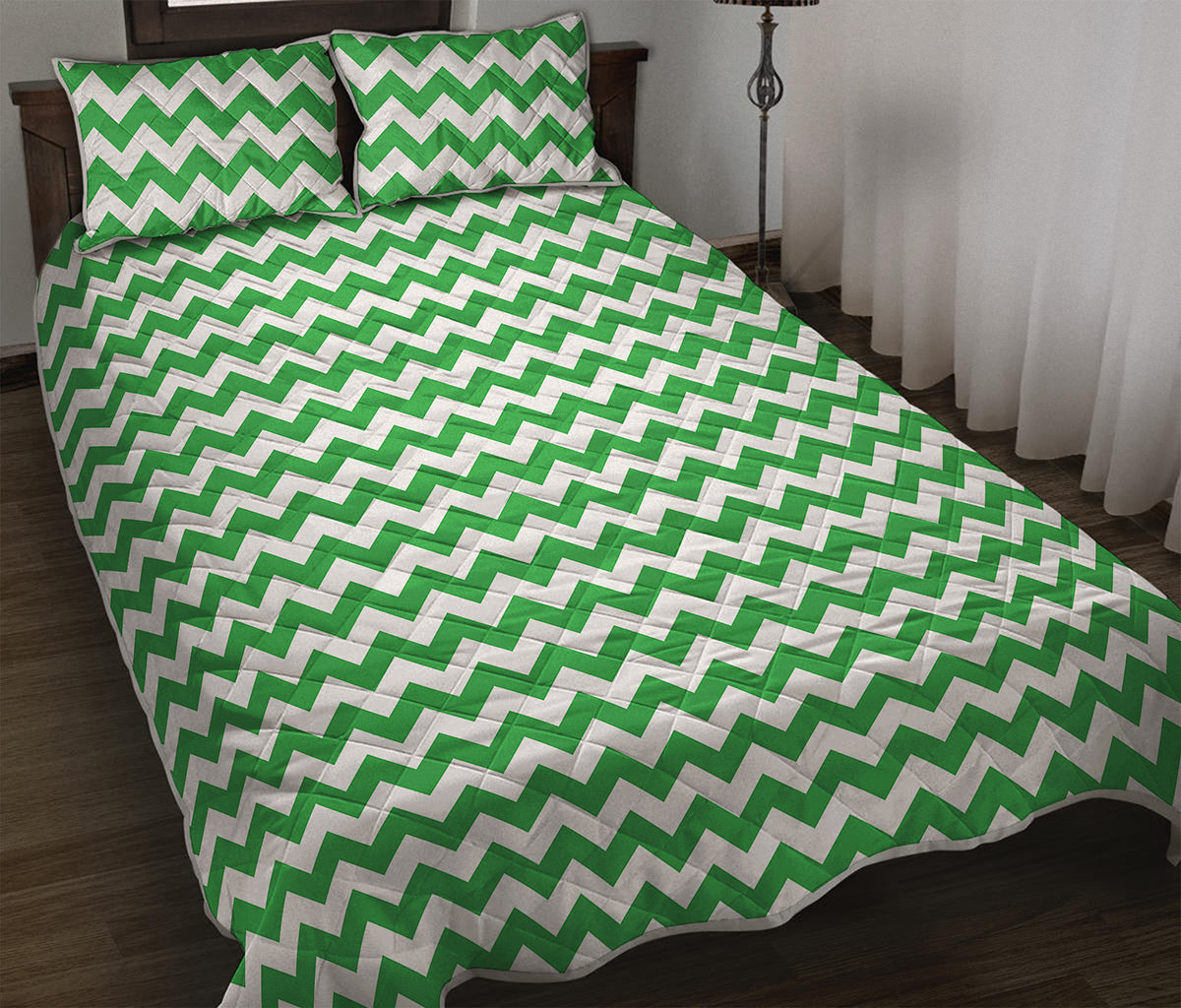 Green And White Chevron Pattern Print Quilt Bed Set