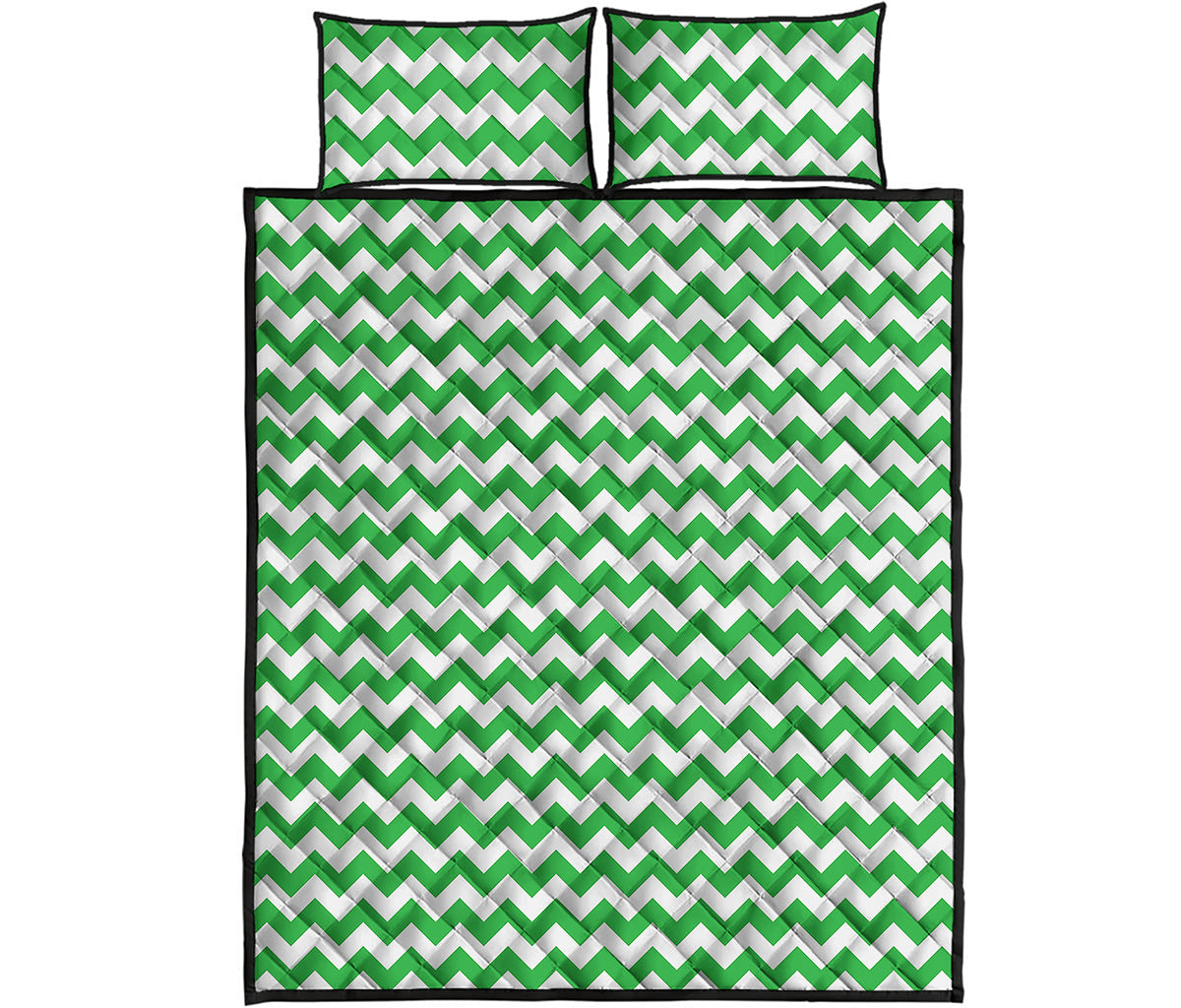 Green And White Chevron Pattern Print Quilt Bed Set