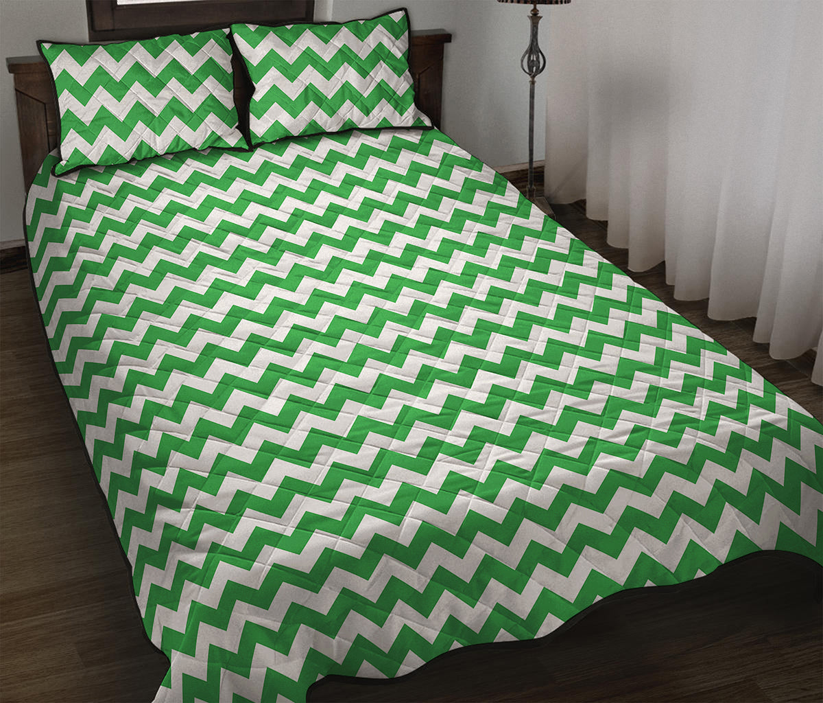 Green And White Chevron Pattern Print Quilt Bed Set