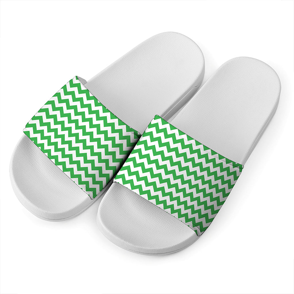 Green And White Chevron Pattern Print White Slide Sandals