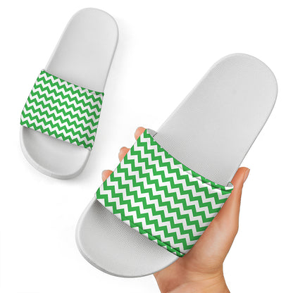 Green And White Chevron Pattern Print White Slide Sandals