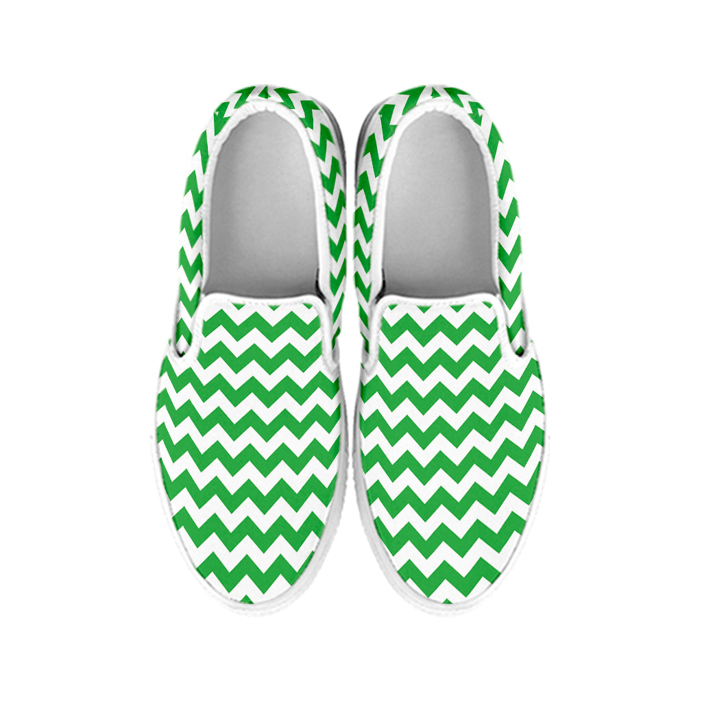 Green And White Chevron Pattern Print White Slip On Shoes