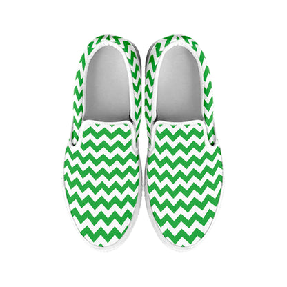 Green And White Chevron Pattern Print White Slip On Shoes