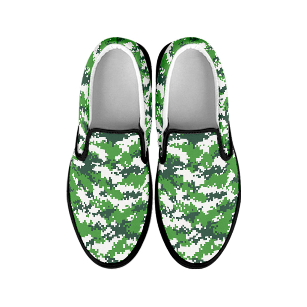 Green And White Digital Camo Print Black Slip On Shoes