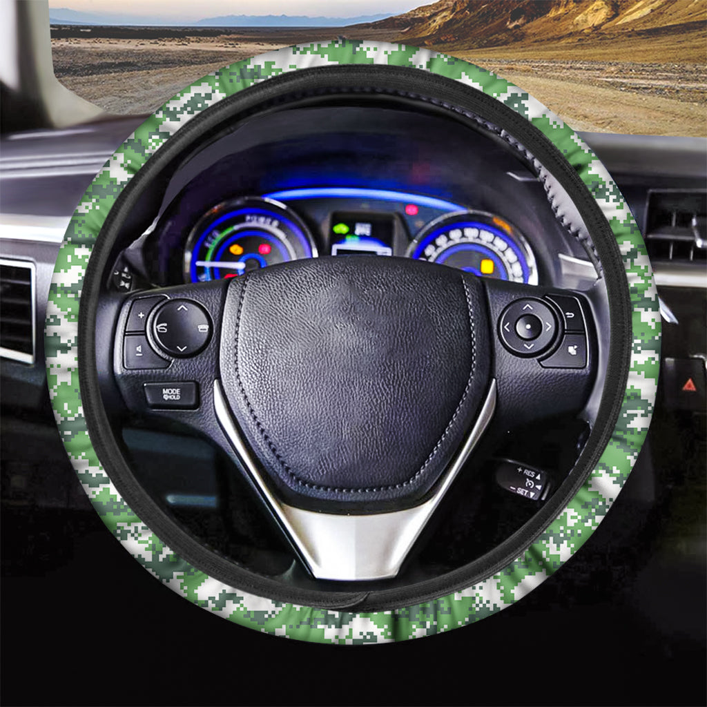Green And White Digital Camo Print Car Steering Wheel Cover