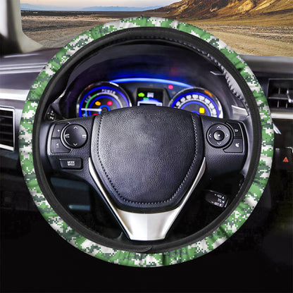 Green And White Digital Camo Print Car Steering Wheel Cover