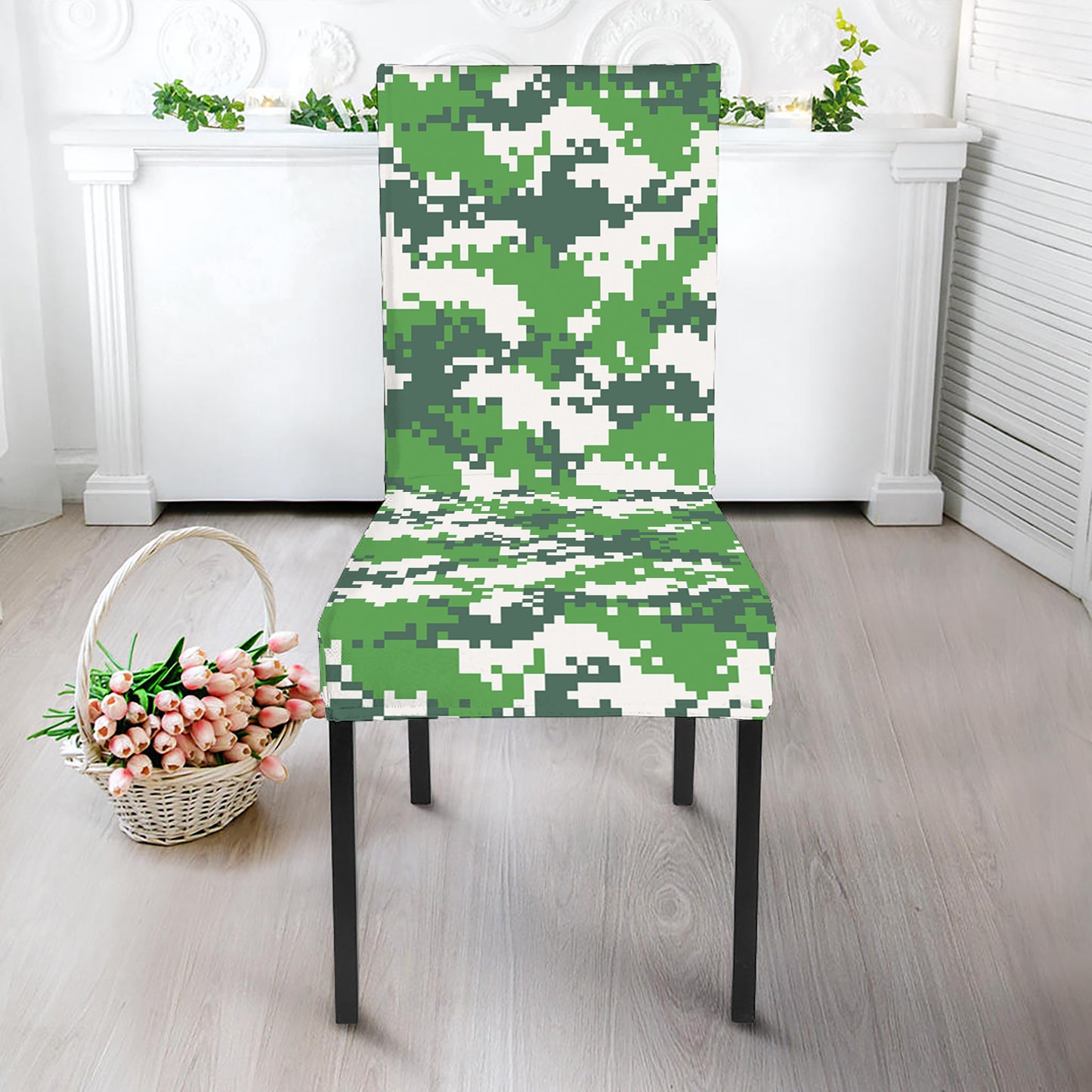 Green And White Digital Camo Print Dining Chair Slipcover
