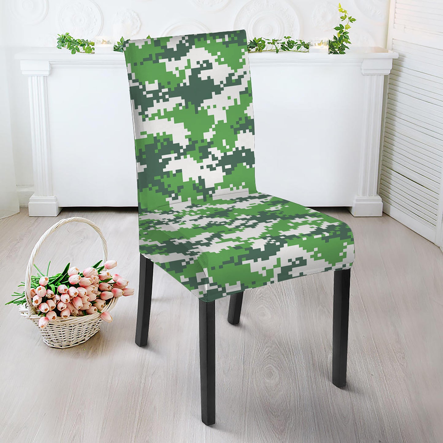 Green And White Digital Camo Print Dining Chair Slipcover