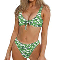 Green And White Digital Camo Print Front Bow Tie Bikini