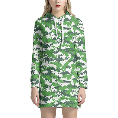 Green And White Digital Camo Print Hoodie Dress