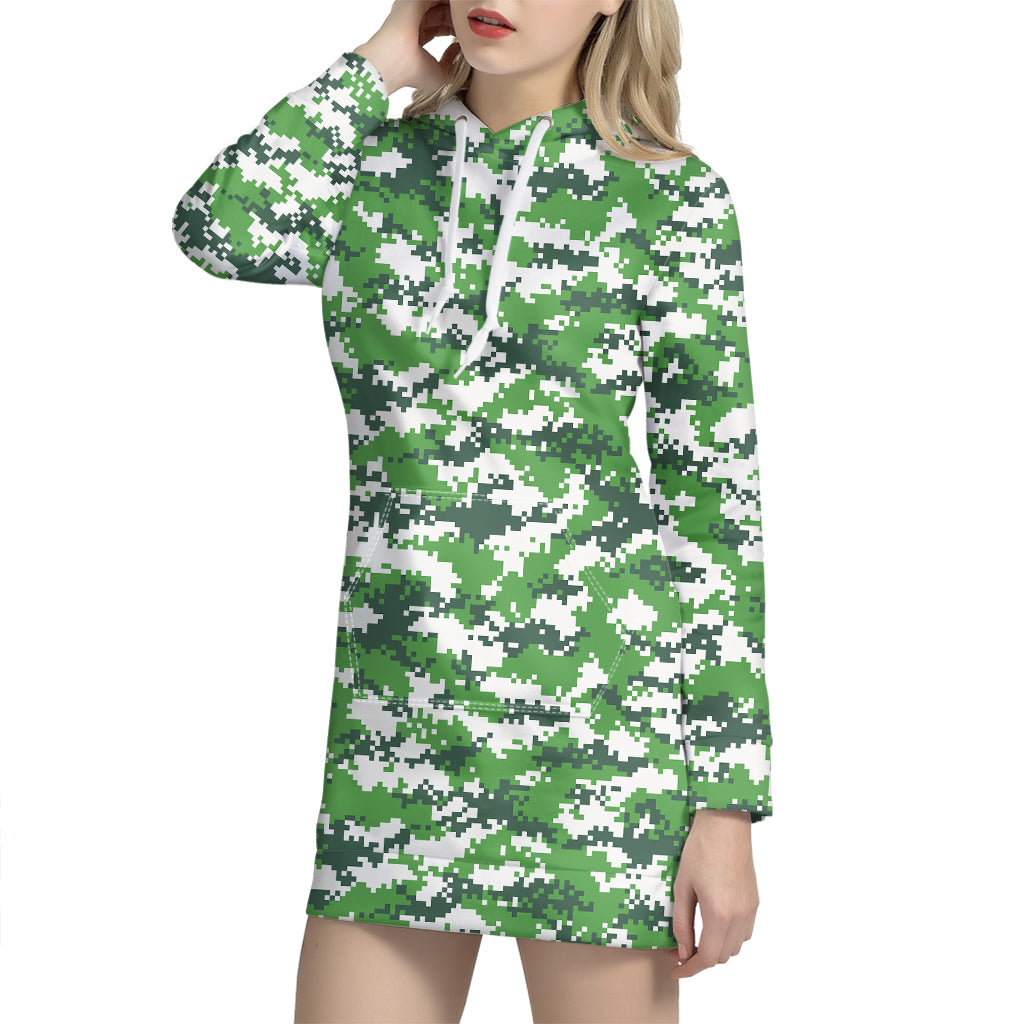 Green And White Digital Camo Print Hoodie Dress