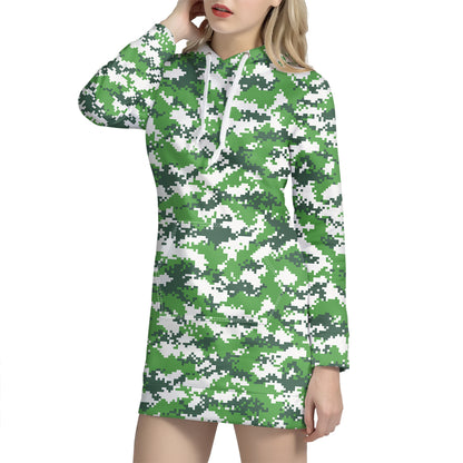 Green And White Digital Camo Print Hoodie Dress