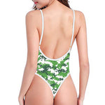 Green And White Digital Camo Print One Piece High Cut Swimsuit