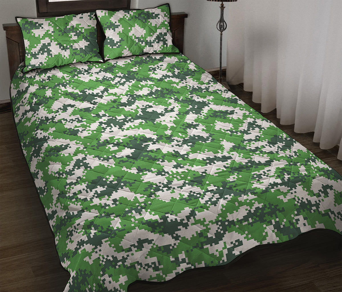 Green And White Digital Camo Print Quilt Bed Set