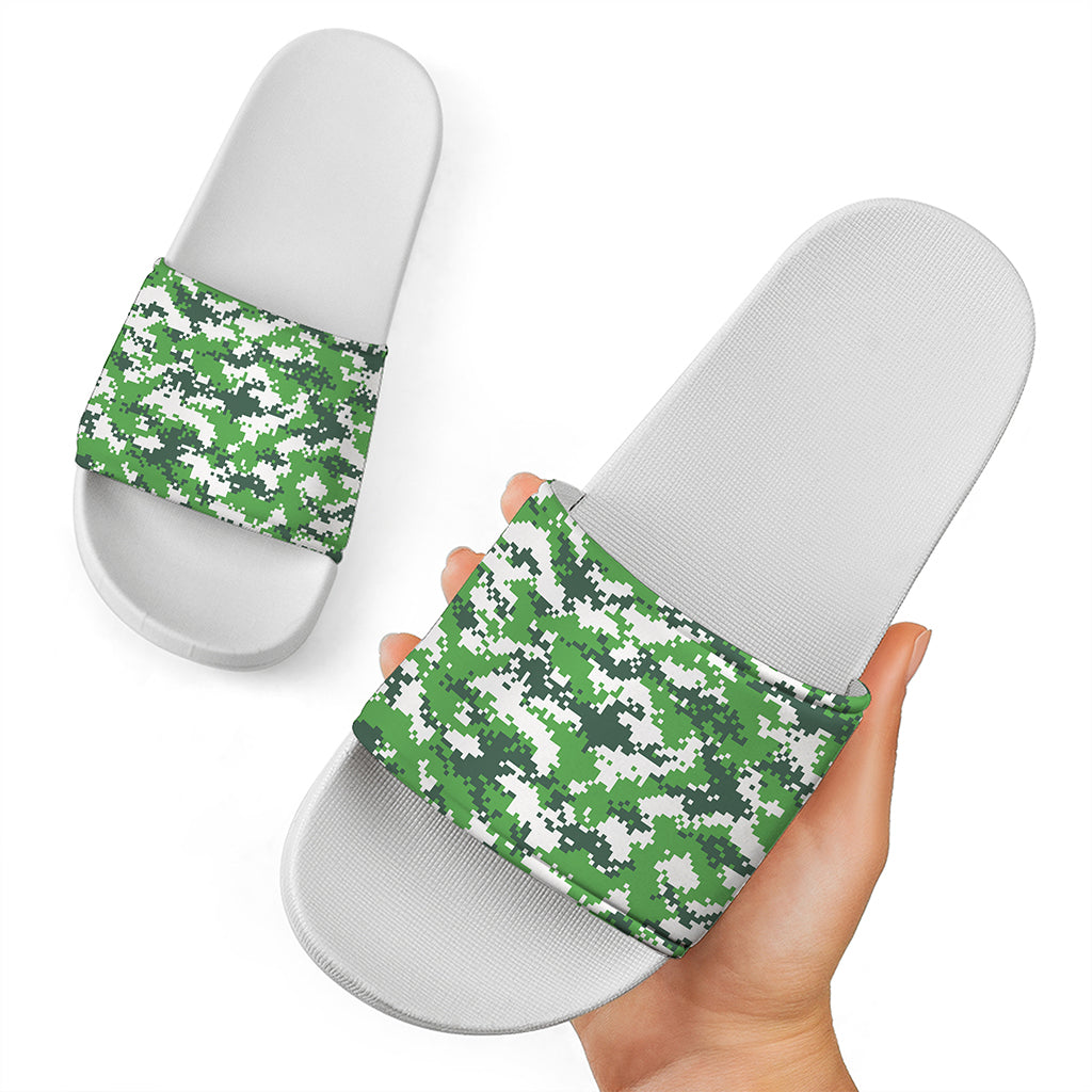 Green And White Digital Camo Print White Slide Sandals