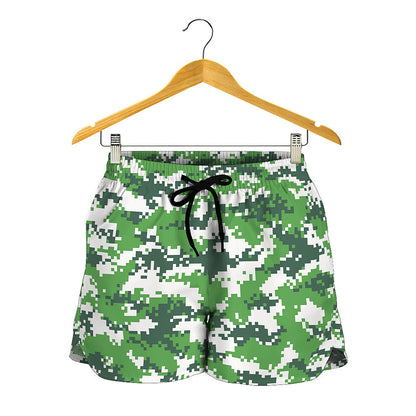 Green And White Digital Camo Print Women's Shorts