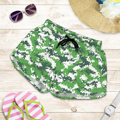 Green And White Digital Camo Print Women's Shorts