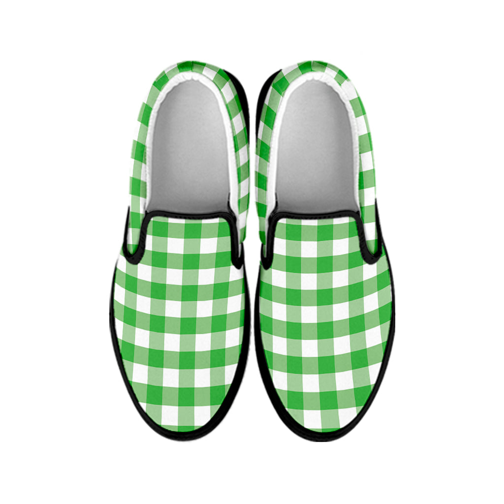Green And White Gingham Pattern Print Black Slip On Shoes