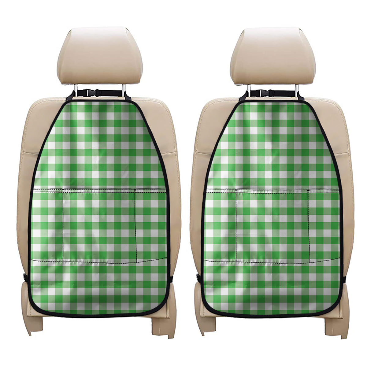 Green And White Gingham Pattern Print Car Seat Organizers