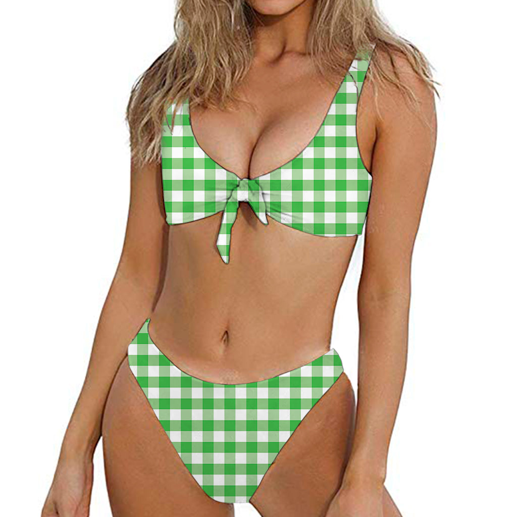 Green And White Gingham Pattern Print Front Bow Tie Bikini