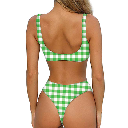 Green And White Gingham Pattern Print Front Bow Tie Bikini