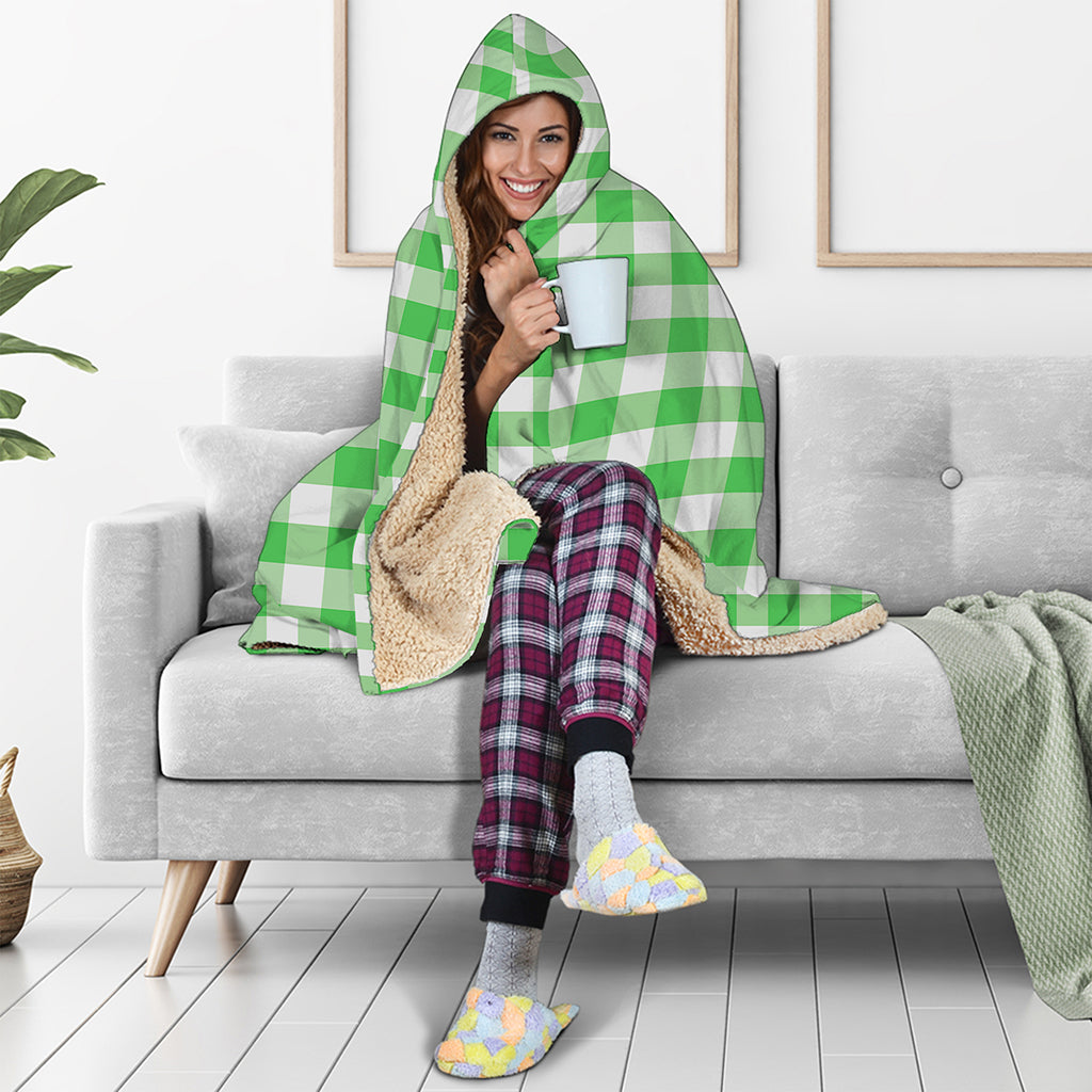 Green And White Gingham Pattern Print Hooded Blanket