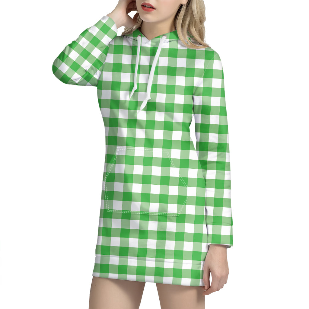 Green And White Gingham Pattern Print Hoodie Dress