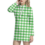 Green And White Gingham Pattern Print Hoodie Dress