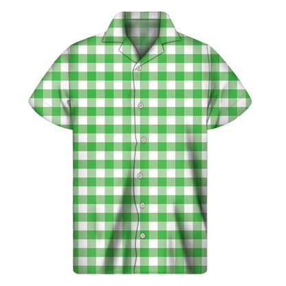 Green And White Gingham Pattern Print Men's Short Sleeve Shirt