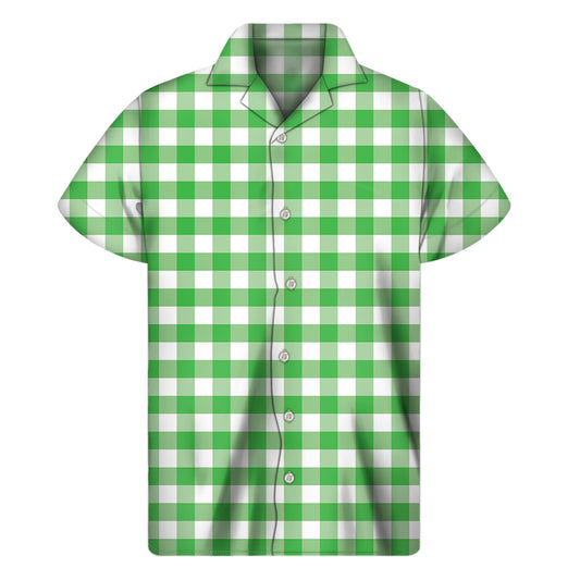 Green And White Gingham Pattern Print Men's Short Sleeve Shirt