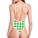 Green And White Gingham Pattern Print One Piece High Cut Swimsuit