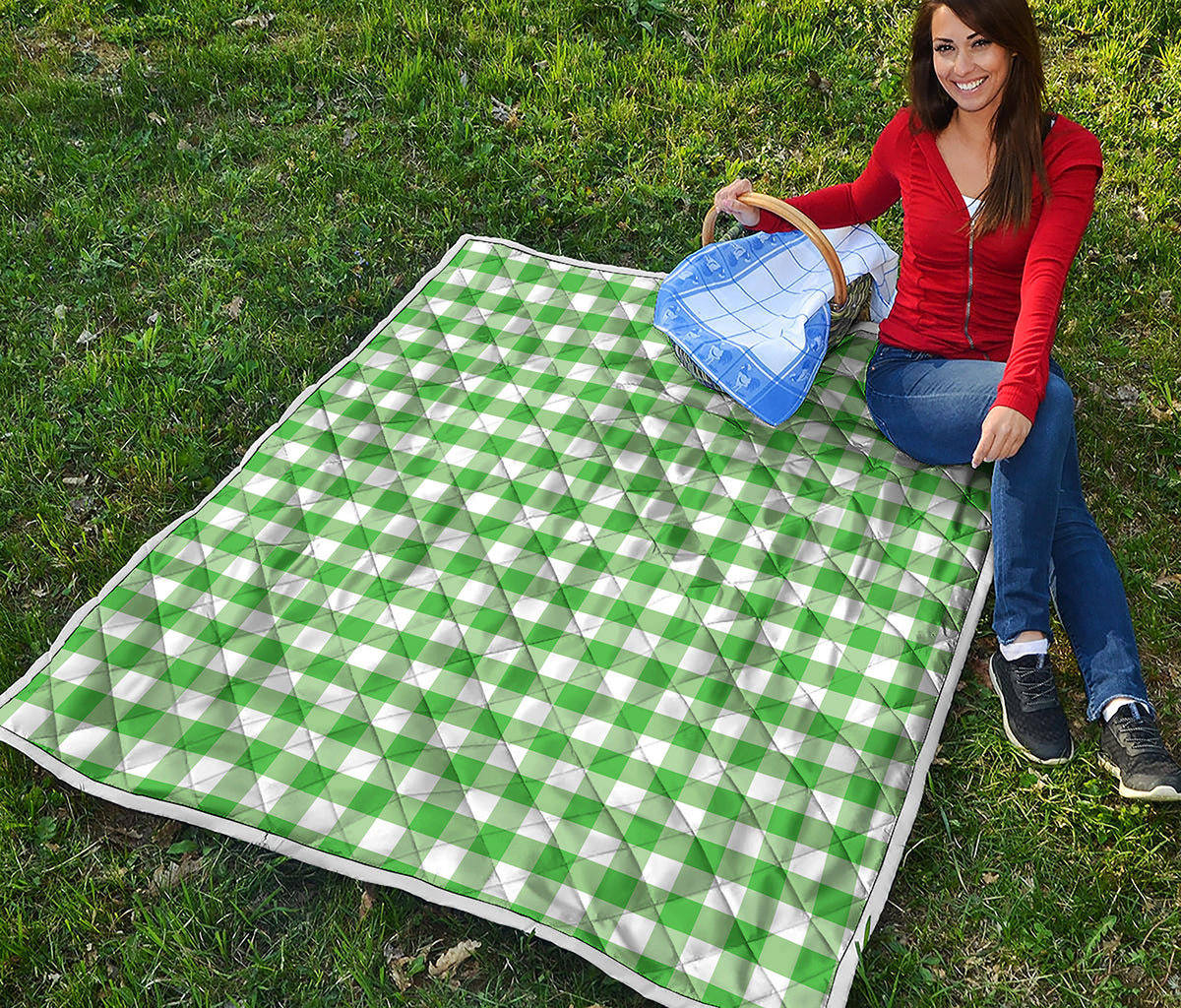 Green And White Gingham Pattern Print Quilt