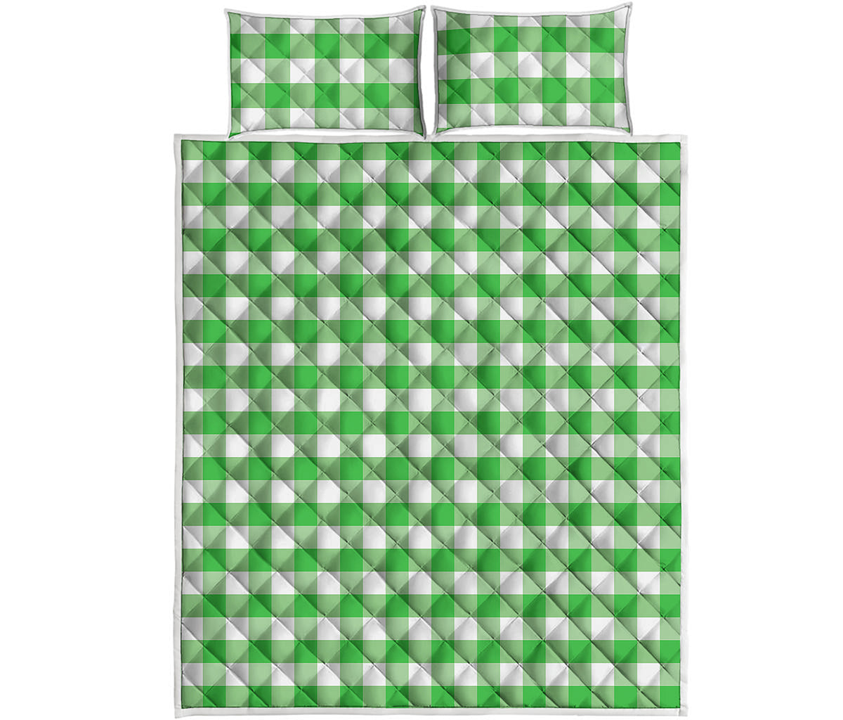 Green And White Gingham Pattern Print Quilt Bed Set