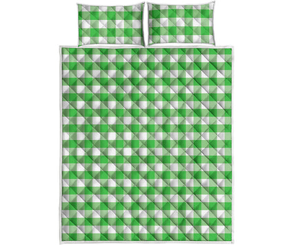 Green And White Gingham Pattern Print Quilt Bed Set