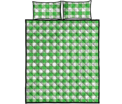 Green And White Gingham Pattern Print Quilt Bed Set
