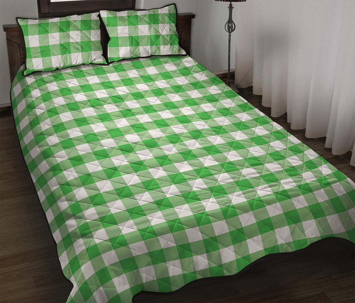 Green And White Gingham Pattern Print Quilt Bed Set