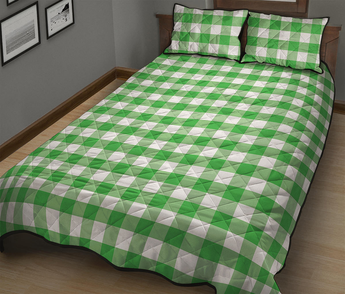 Green And White Gingham Pattern Print Quilt Bed Set