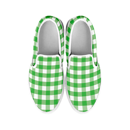 Green And White Gingham Pattern Print White Slip On Shoes